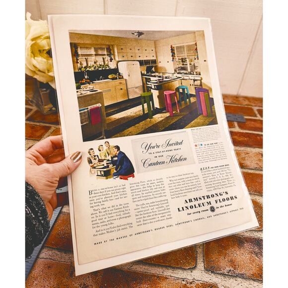 1942 Vtg Canteen Kitchen Seating Print Ad Armstrong Linoleum Stylish‎ WWII Era - Picture 3 of 10